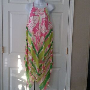 Ivy Lane hot pink lime green handkerchief spaghetti strap flowy fun dress Sz 14